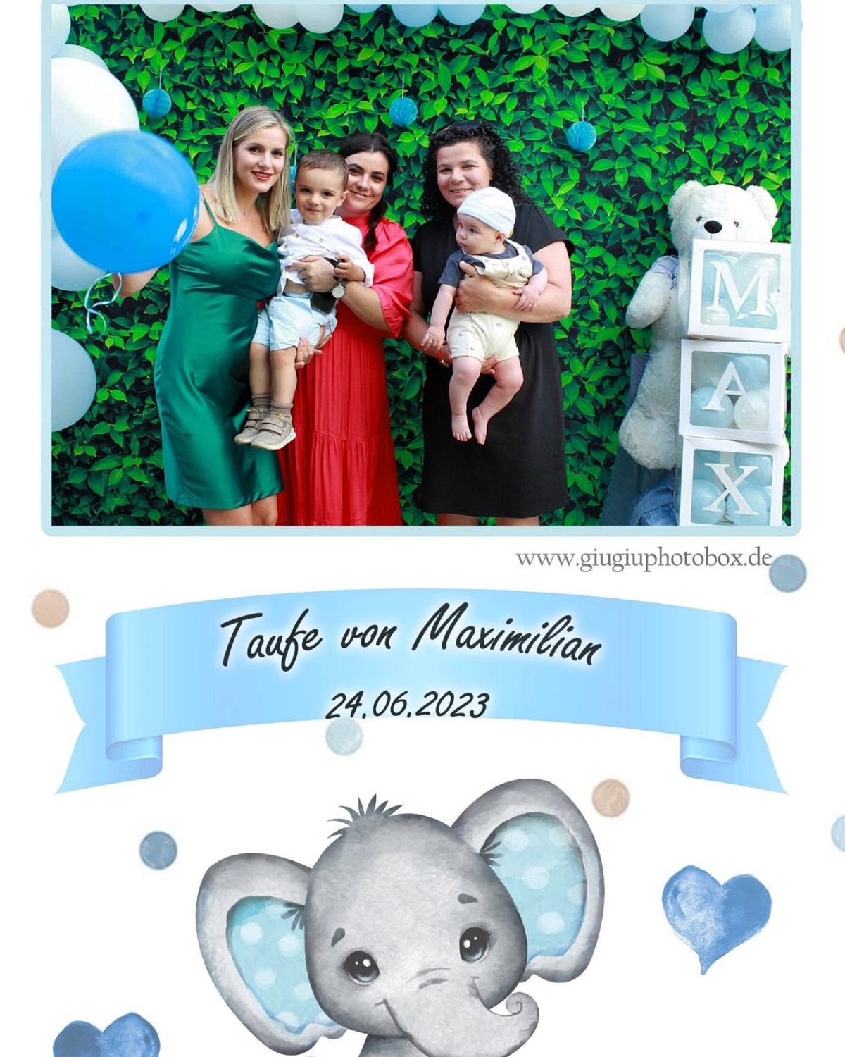 Personalisiertes Taufe-Fotolayout mit Elefanten-Motiv aus der GiuGiu Photobox